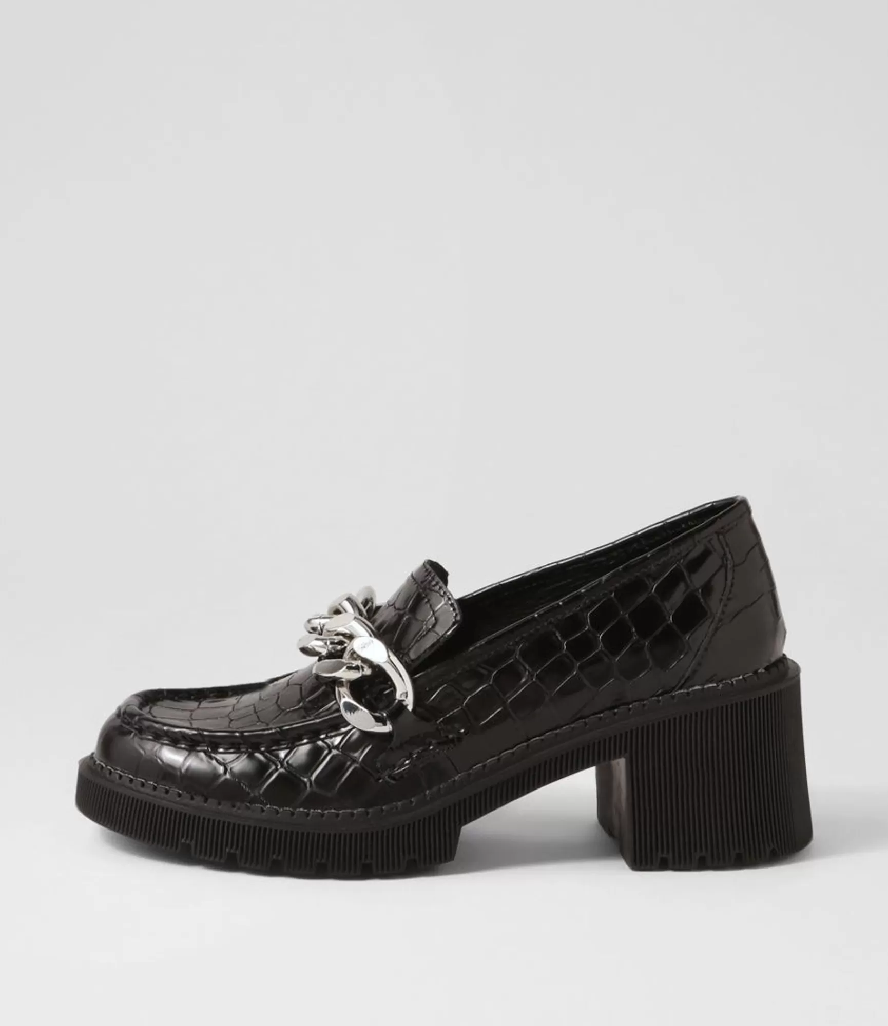 Discount Midas Shoes Zuzu Black Croc Leather Heels